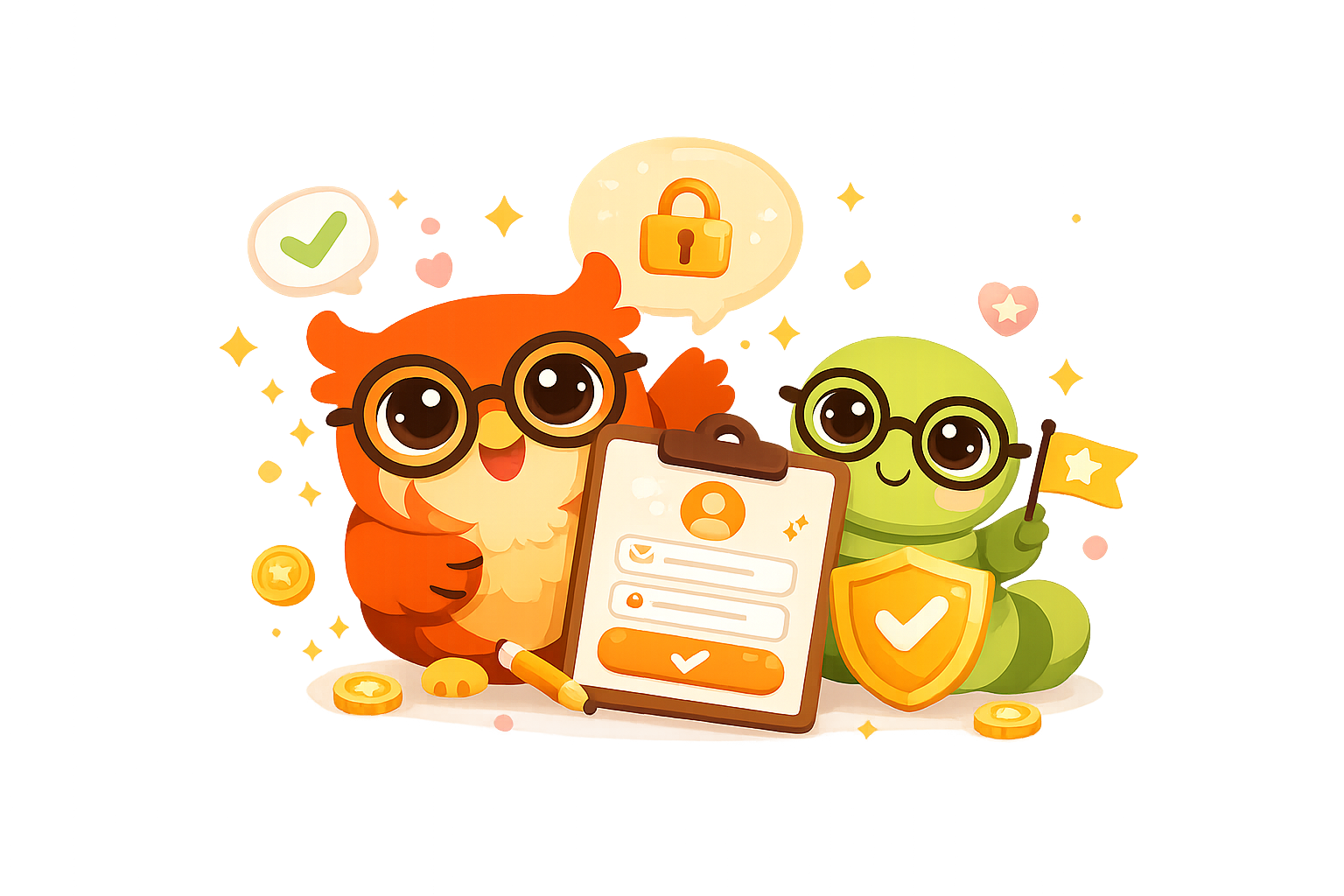 Cruxible owl and bookworm mascots with a reading setup