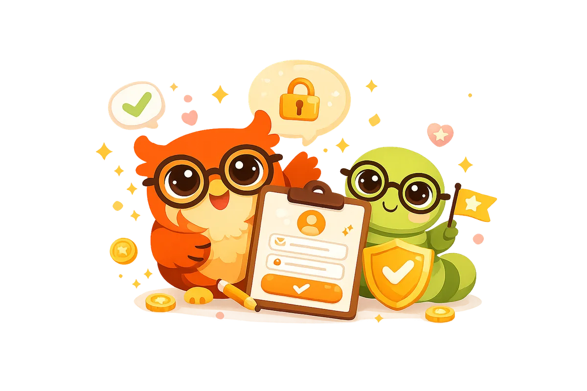 Cruxible owl and bookworm mascots with a reading setup